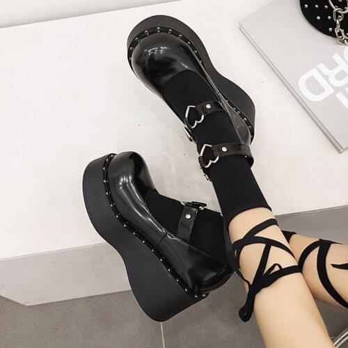 Dark Punk Style Platform Shoes Metal Love Rivet Edge Street Fashion Trendy Womens Pumps Wedge Platform Shoes With Metal Buckles