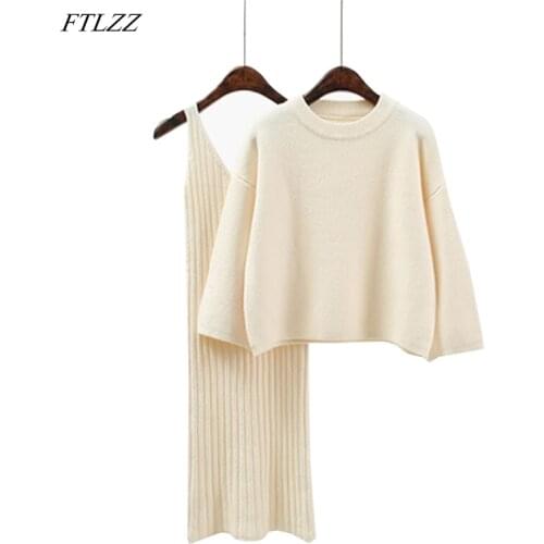 Two Pieces Suit Women Sweater Dress Set Spring Winter O Neck Loose Sweaters And Knitted Vest Dress Female Jumper Sweater Dress