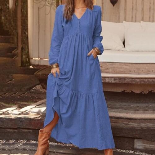 Autumn Women Dress Fashion V-Neck Cotton Linen Long Sleeve Robe Dress Mid-Calf Length Buttons Loose Party Long Dresses Vestidos