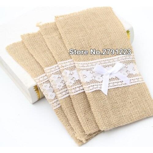 50pcs butterfiy knot Burlap Lace Cutlery Pocket Wedding Tableware Party Supplies Holder Bag Rustic Jute Table Decoration