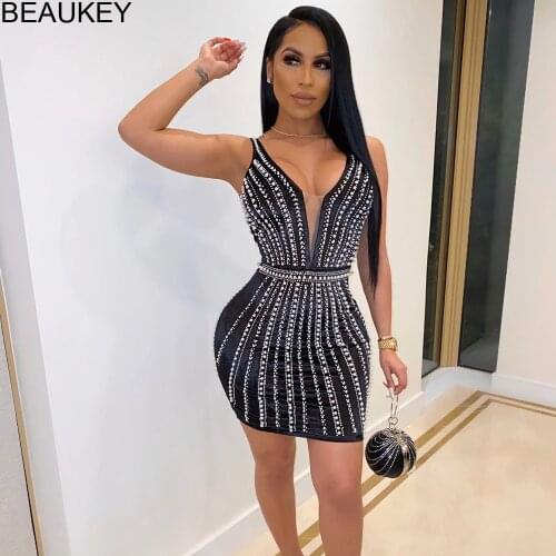 BEAUKEY New Arrival 2020 Sexy Black Bodycon Bandage Dress Women Pearl Beaded Mesh V Neck Party Club Bling Dress Runway Dress