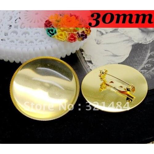Free ship!30mm 200PCS Gold Plated Round Cameo Cabochon Setting Brooches brooch base blanks trays bezel