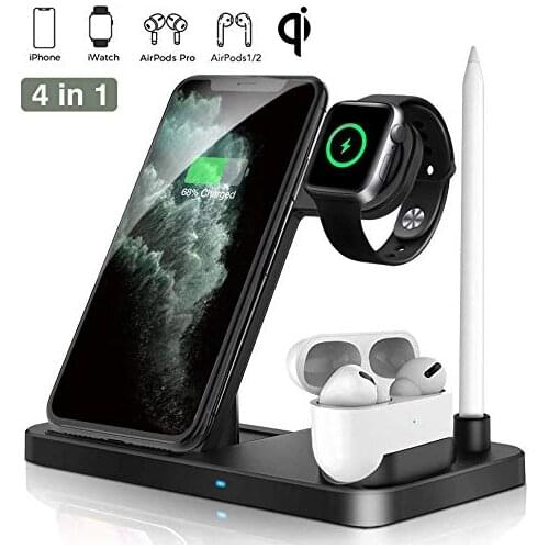 Wireless Charger Dock 4 in 1 Fast Charging Station, Nightstand Qi Quick Charger, Foldable Adjustable Stand for iPhone SE AirPods