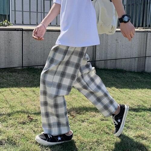 Summer Thin Plaid Pants Mens Fashion Retro Casual Pants Men Streetwear Loose Hip-hop Straight Wide-leg Pants Mens Trousers