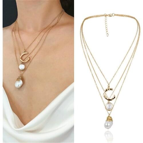 Trendy Simulated Pearl Pendant Necklace For Women Geometric C-shaped Letter Dangle Multilayer Chain Neckalces Jewelry