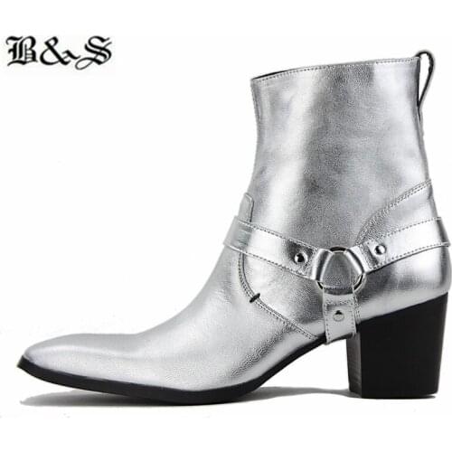 Black&Street wyatt 5.6cm heel pionted toe buckle strap men high heel Boots genuine leather western Chelsea denim botas plus size