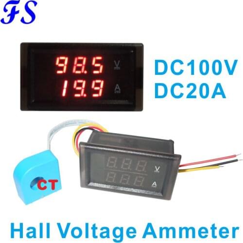 DC 0-20A Hall Voltmeter Ammeter Current Tester Ampere Meter DC100V LED Red Blue 0.28'' Digital DC Voltage Monitor VA Dual Meter