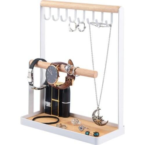 Wooden Jewelry Organizer Holder Rack with Hooks Shelf Hanging Earrings Necklaces Bracelets Storage Accessories