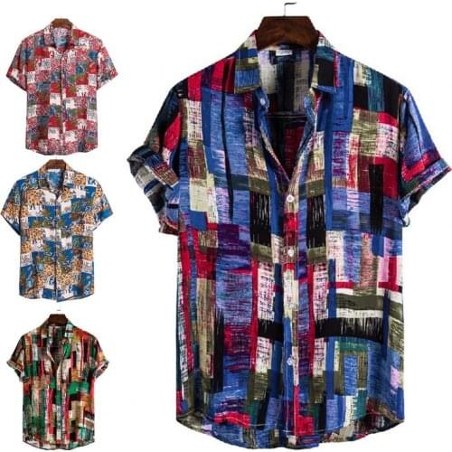 Hawaiian Shirt Printing Turn-down Collar Cotton Blend Men T-shirt Short Sleeve for Summer Casual Holiday Short Sleeve