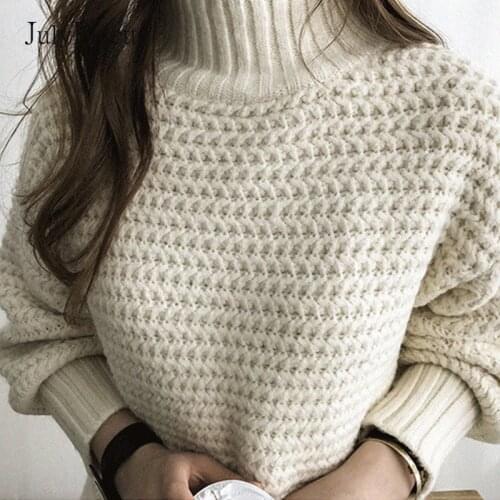 JulyPalette 2020 Turlteneck Thicken Knitted Sweater Women Cotton Lantern Sleeve Pullover Sweater Winter Warm Femme Wool Jumper