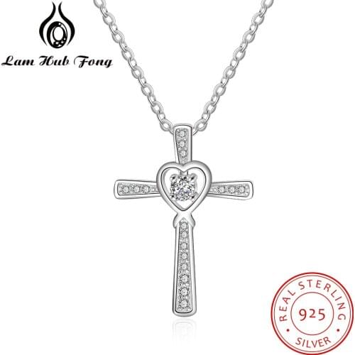 Classic 925 Sterling Silver Heart Cross Necklace Full Zirconia Paved Pendant Necklaces for Women Fine Jewelry (Lam Hub Fong)