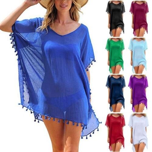 Summer Hot Fashion Female Mini Loose Solid Tops Chiffon Tassels Beach Wear Blouse Women Swimming Blouses Swimwear