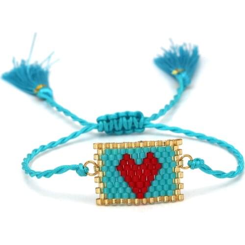 MIYUKI Glass Seed Beads Quadrate Red Love Peach Heart Woven Friendship Bracelet Women Men Blue String Cotton Tassel Surf Jewelry