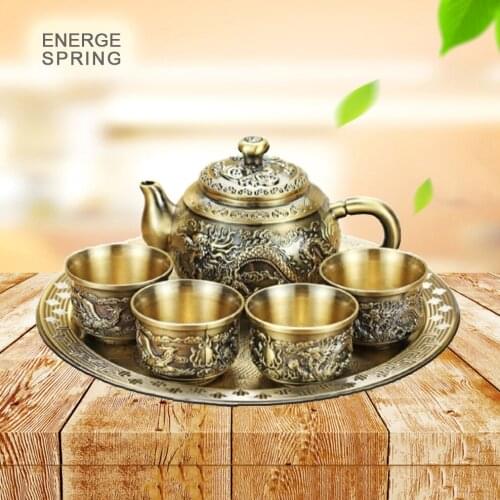 6-Piece Set European-Style Bronze Tea Set Retro Dragon-Phoenix Teapot Teacup Tray Gift Set Alloy Tea Set Combination