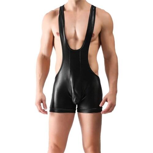 Sexy Mens Undershirts PU Leather Wet Look Bodysuit Jumpsuits Wrestling Singlets Leotard Underwear Boxer Shorts Overalls Clubwear