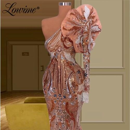 Rose Gold Sequined Illusion Evening Dresses One Shoulder Dubai Arabic Long Mermaid Party Gown Celebrity Prom Dress Robes Vestido