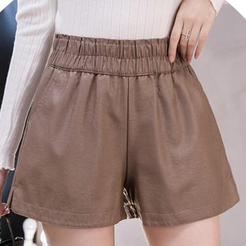 LJSXLS New High Waist PU Leather Shorts Women Elastic Waist Wide Leg Shorts Punk Style Spring Autumn Casual Loose Short Female