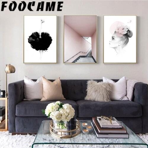 Canvas Abstract Painting Modern Pictures Stairs Girl Ostrich Nordic Posters and Prints Wall Art Living Room Bedroom Decoration