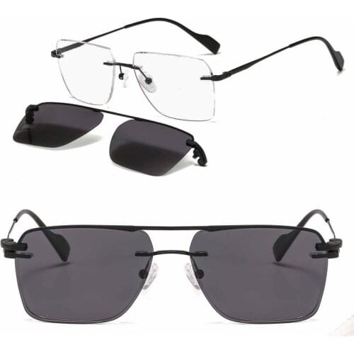 Metal clip on sunglasses 33093 square shape rimless prescription glasses with clip on polarized sunglasses lenses for men