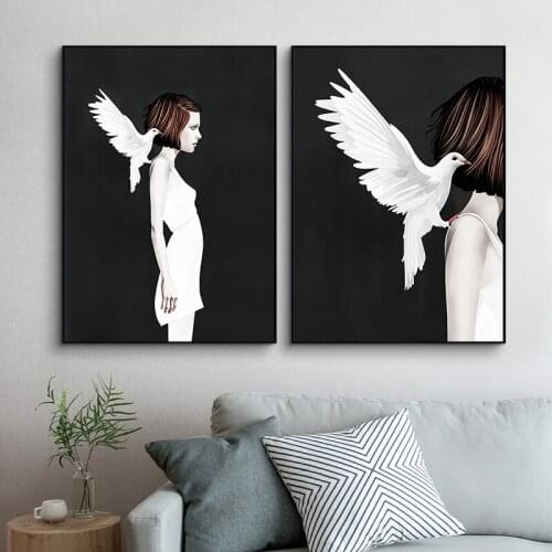 Mordern Abstract Abstinence Girl and White Pigeon Canvas Posters Print For Living Room Dining Room Painting Wall Home Decor Pop