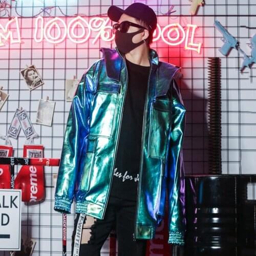 Hip Hop Dance Costumes Mens Slim Fit Windbreaker Jacket Personality Fashion Nightclub DJ Male Singer Clothes Tide Rave DT1139