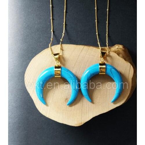 WT-N726 Fashion Crescent Horn Pendant Chain Necklace natural howlite horn shape charm stone 18" gold chain necklace jewelry