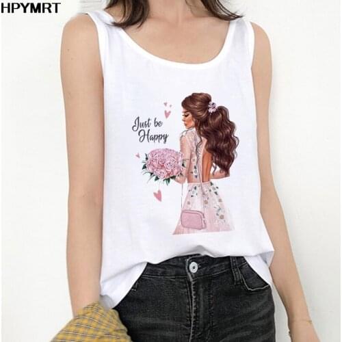 Summer Women Casual Top Tee White Sleeveless Tank Tops Woman Beauty of Bouquet Just To Happy Printed Harajuku Lady Vest Clothing