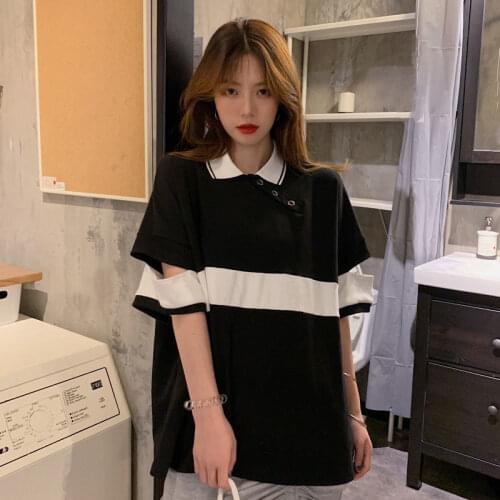 Spring/summer 2021 new loose medium and long design sense Contrasting color hole POLO collar short sleeve T-shirt top female