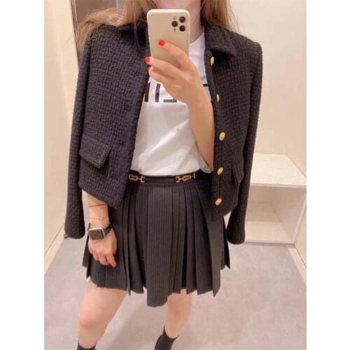 Women Winter 2021 Autumn High Waist Pleated Woolen Skirt Waistband Stripe College Style Female Mini Skirts Short