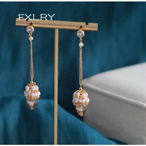 FXLRY New Original Design Handmade Natural Pearl Geometric Crystal Earrings For Women Jewelry