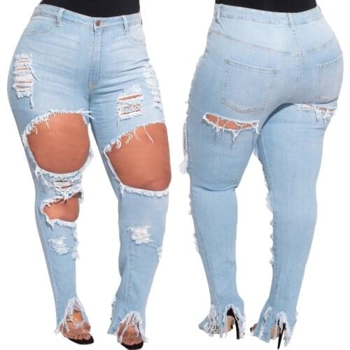 Plus Size Bottoms for Women 4xl 5xl Hight Waist Plus Size Skinny Bodycon Jeans Pants with Hole Pencil Vintage Boyfriend Trousers
