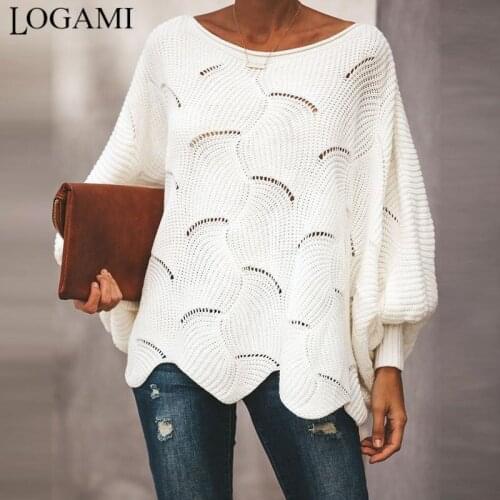 LOGAMI Hollow out women sweaters and pullovers bat sleeve loose sweater woman casual sweters women invierno 2019