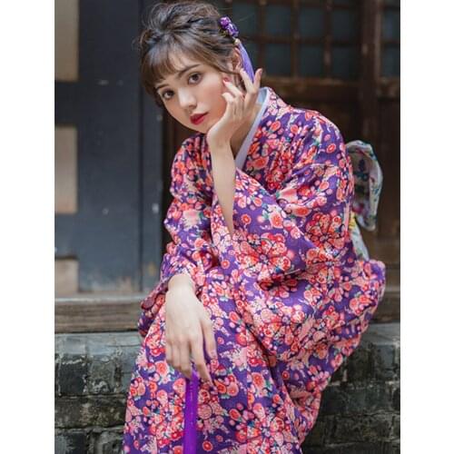 Womens Yukata Traditional Japan Kimono Robe Photography Dress Cosplay Costume purple Color flower Prints Vintage Clothin