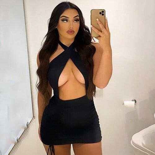 Women Skinny Tight Bodycon Sexy Girl Ruched Bandage Drawstring Halter Dresses Party Night Birthday Mini Dress Hot Summer Clothes