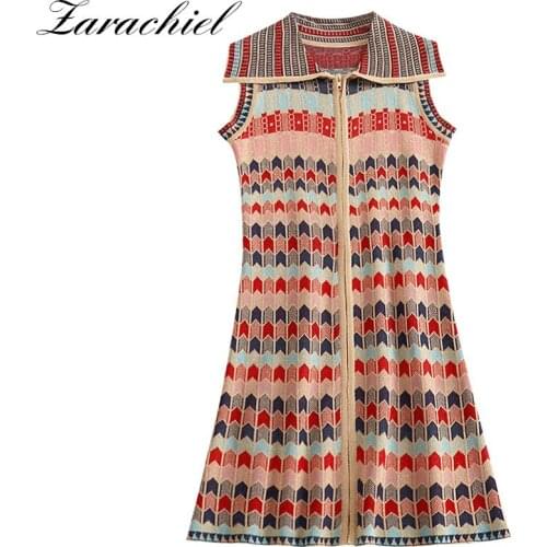 Fashion Designer Plaid Knitted Dress Womens Sleeveless Lapel Collar Zipper Tank Dress Female Vintage Sweater Mini Dress Vestido