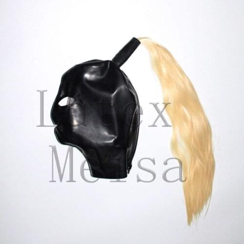 100% handmade Fetish black latex bondage hood with hairs open nostrils & eyes & mouth what is made of flexible & natural latex