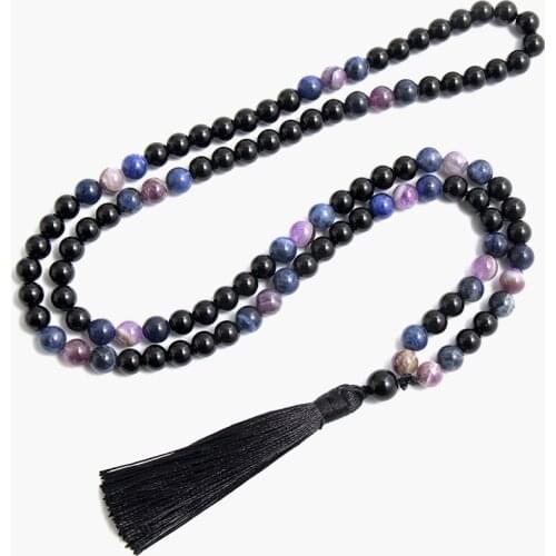 8mm Natural Black Onyx Amethyst Blue-Vein Stone Beaded Necklace Meditation Yoga 108 Japa Mala Jewelry Men and Women Amulet