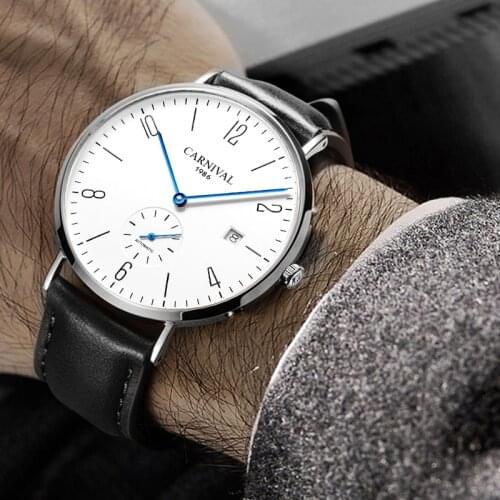 Fashion Simple Watch For Men Luxury Brand CARNIVAL Automatic Mechanical Watch Sapphire Waterproof Calendar Leather Strap Watches