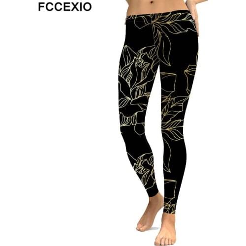 FCCEXIO Black Leggings Glod Flower Print Women Leggins Fashion Mandala Pattern Pants Workout Fitness Legins Plus Size Spring
