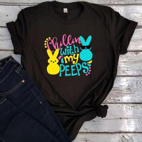 Chillin with My Peeps T Shirt Women 2021 Easter Peeps Girls Bunny Shirt Vintage Streetwear Clothes