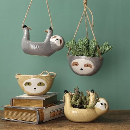 Creative Sloth Ceramic Hanging Flower Pot Wall Hanging Basket Pot Desktop Vase Decoration