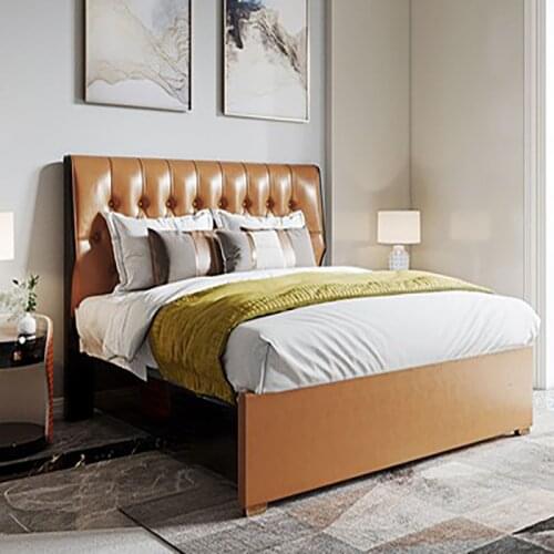 Italian style light luxury leather bed, master bedroom, modern American style orange bedroom, wedding bed, double bed, soft