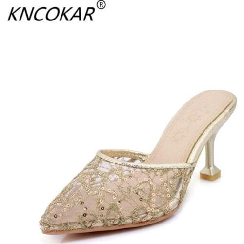 KNCOKAR 2018 New style summer fashion comfortable sexy lace hollow-out fine with a large number of pointed lady cool slippers