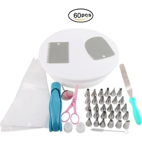 60pcs Cake Turntable Decorating Tools Set Rotating Stand Revolving Baking Kitchen Display DIY Tip Sets