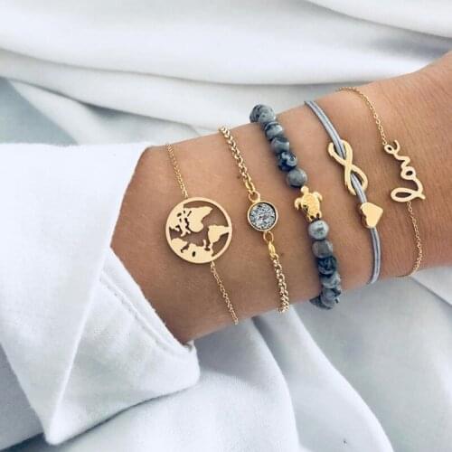 New Fashion Love Turtle Charm Bracelet For Women Gold Color Crystal World Map Strand Bangles Sets Jewelry Party Gifts