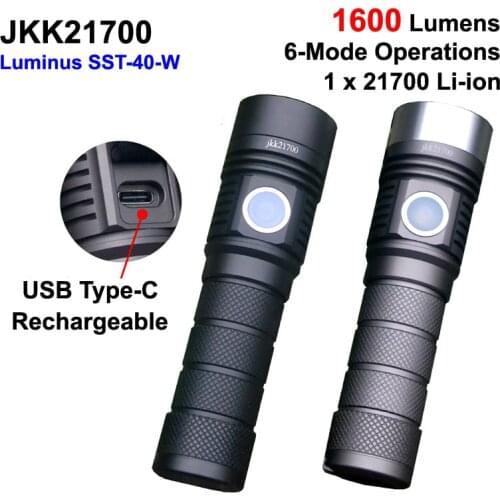 Newest JKK21700 Luminus SST-40 White 6500K 1600 Lumens 6-mode Type-C Rechargeable LED Flashlight ( 1X21700 )