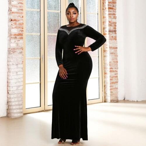 African Clothes Plus Size Velvet Evening Dress Rhinestone Cocktail Party Costume European Clothing Female Host Wear YS1930