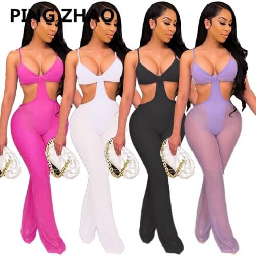 PING ZHAO Women Sexy Sheer Mesh Patchwork Club Beach Jumpsuit Flare Pants Sexy Deep V Neck Spaghetti Straps Backless Romper