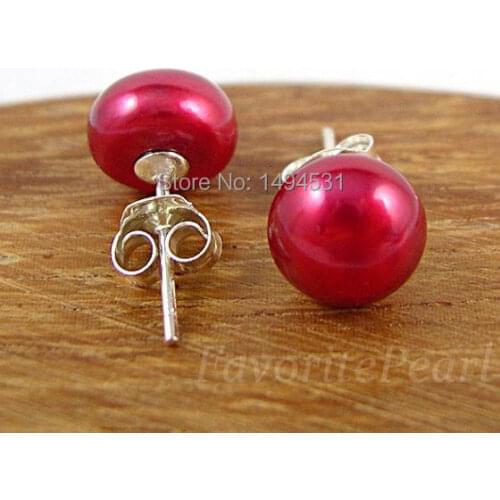 Wholesale Pearl Earrings - AAA 7-8MM Bright Red Color Natural Freshwater Pearl Stud Earrings - Free Shipping