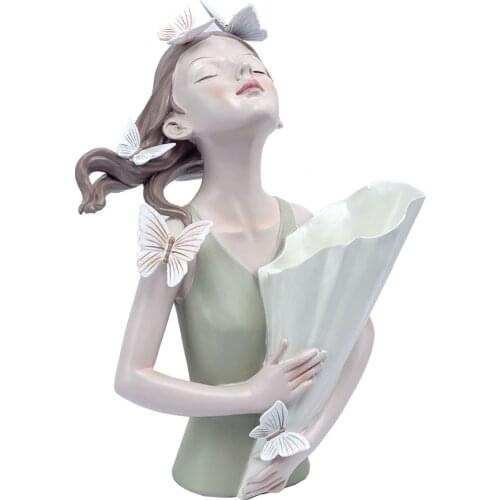 Figurines For Interior Decoration Desk Accessories Statue Figurines Miniature Looking up girl with butterflies on her head vase